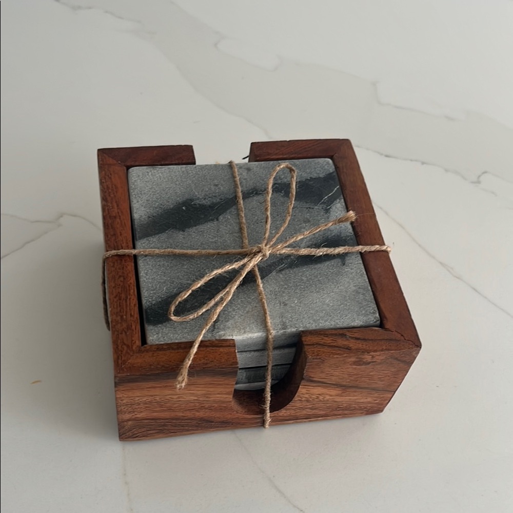 CLEARANCE Gray Stone Coasters with Wooden Holder